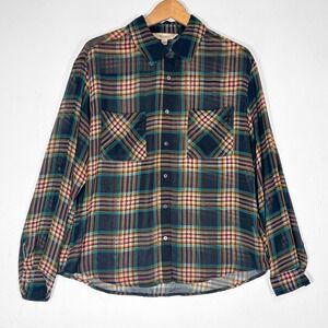 Decree Plaid Sheer Chiffon Button Down Roll Tab Shirt Womens XL Dark Academia